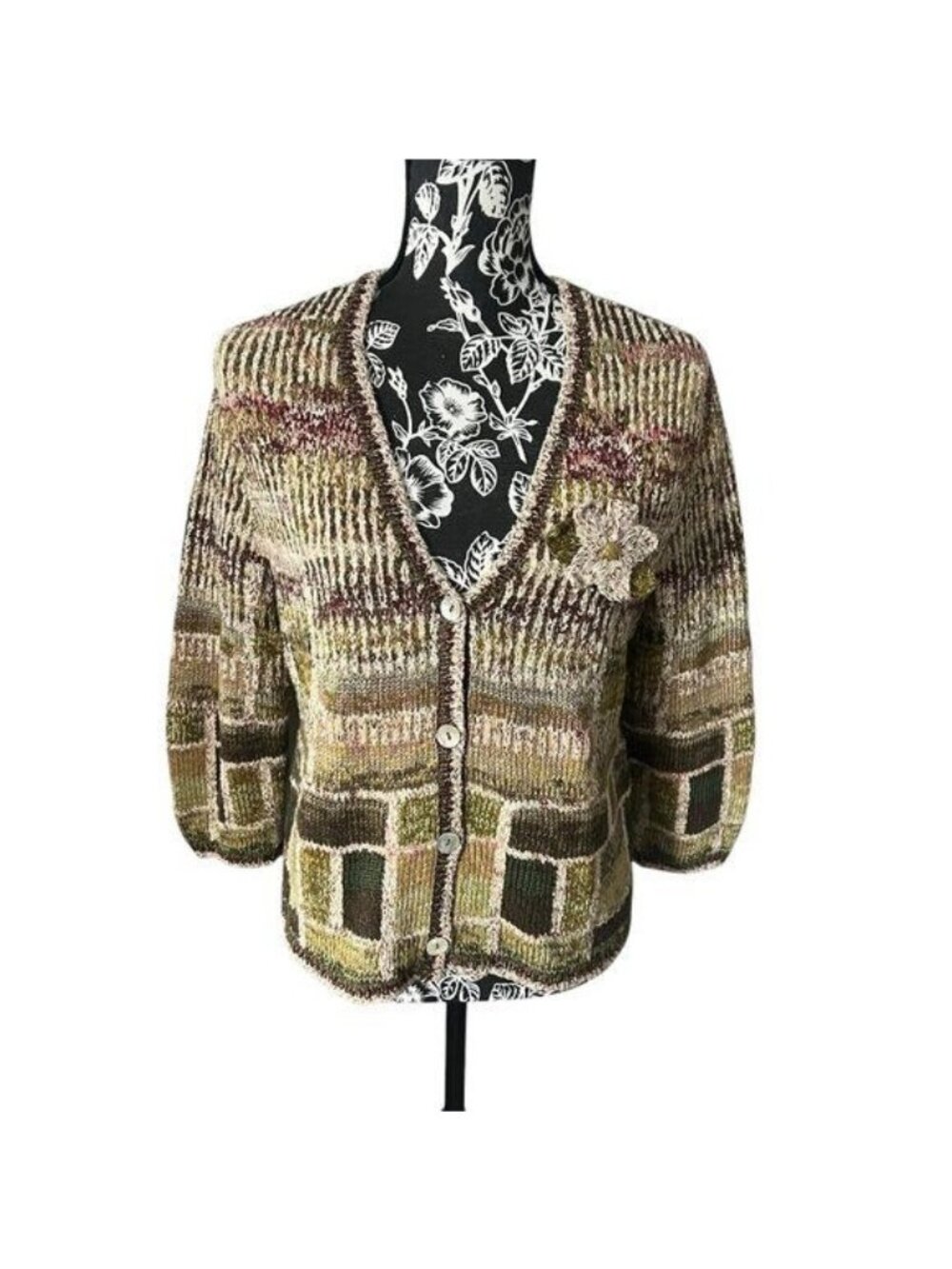 Peruvian Connection Cardigan Pima Cotton Patchwork Floral Button Down Large